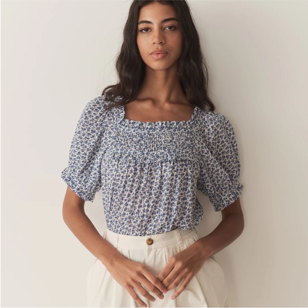Blue Floral Smocked Square-Neck Top